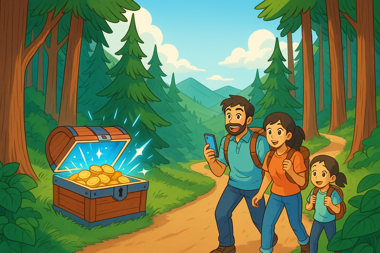 Family finding treasure outdoors